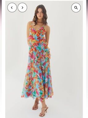 hutch malti blue & red floral print ruffle v-neck maxi summer sun dress small
